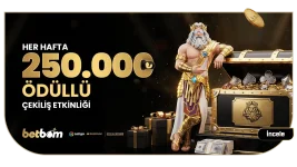Betbom haftalık 250.000 TL ödüllü çekiliş! Her 1.000 TL yatırıma 1 bilet kazan, sınırsız bilet al. Kazanırsan direkt çekim yap!