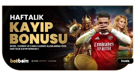 Betbom haftalık kayıp bonusu! 5.000 TL üzeri kayıpta %5 iade al, maksimum 5.000 TL bonus kazan. Spor veya casino'da 5 katına kadar çekim yap!