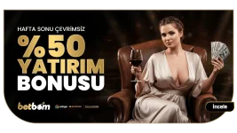 Betbom haftasonu %50 çevrimsiz slot bonusu! Cumartesi ve Pazar her yatırıma 1.000 TL'ye kadar bonus kazan. Amusnet ve Pragmatic Play'de oyna